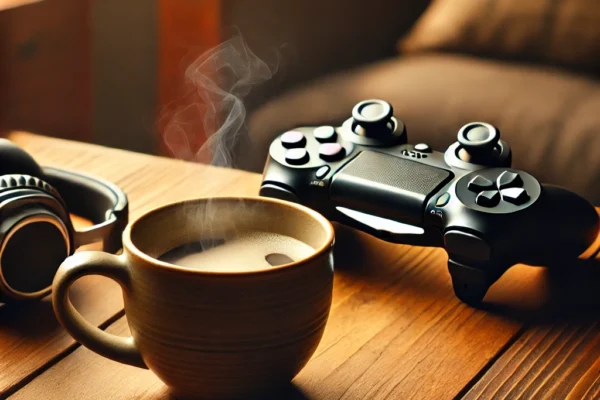 A wooden table with a steaming cup of coffee, a modern gaming controller, and a pair of sleek headphones neatly placed on top. The warm lighting creates a cozy and inviting atmosphere, with a softly blurred background emphasizing the items on the table.