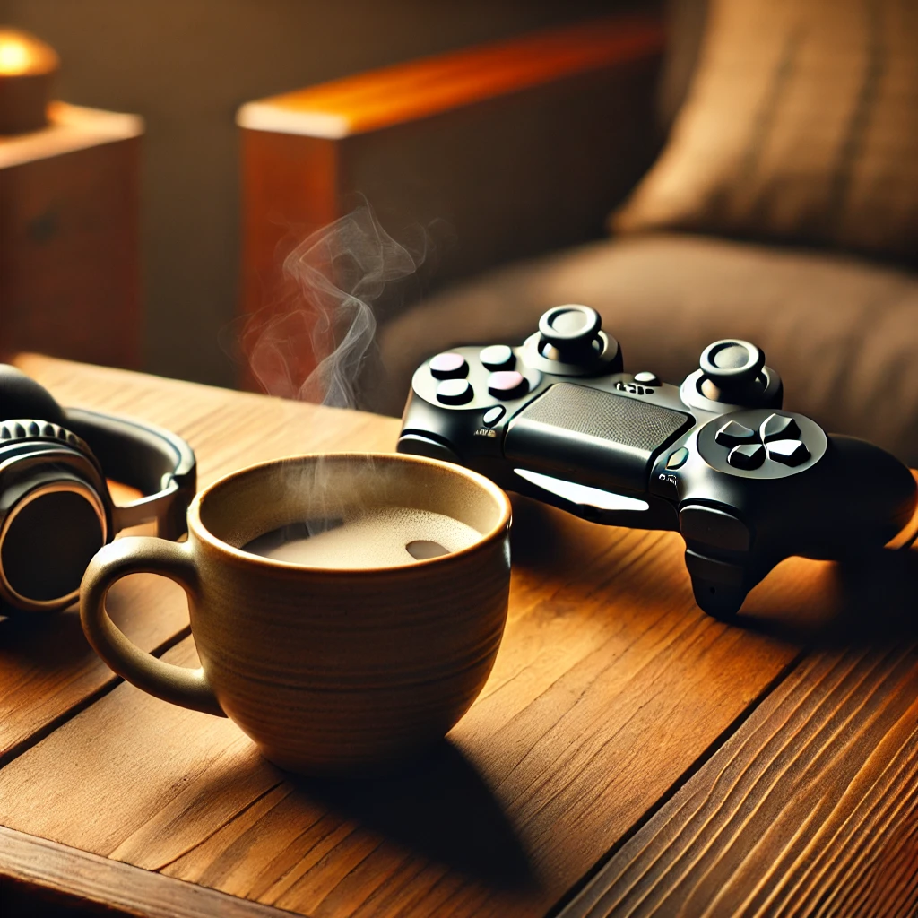 A wooden table with a steaming cup of coffee, a modern gaming controller, and a pair of sleek headphones neatly placed on top. The warm lighting creates a cozy and inviting atmosphere, with a softly blurred background emphasizing the items on the table.